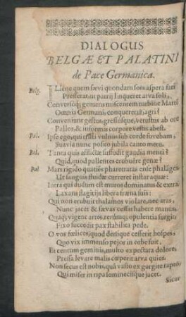 Dialogus Belgae Et Palatini de Pace Germanica. = Gespräch eines Niderländers und Pfältzers vom Teutschen Frieden.