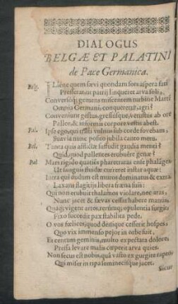 Dialogus Belgae Et Palatini de Pace Germanica. = Gespräch eines Niderländers und Pfältzers vom Teutschen Frieden.