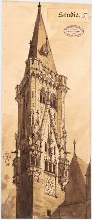 Rathaus, Aachen Wiederaufbau der Rathaustürme: Perspektivische Ansicht des Turmes (Studie 5)
