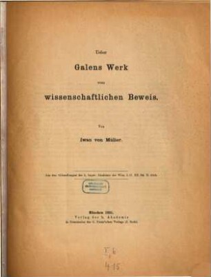 Ueber Galens Werk vom wissenschaftlichen Beweis