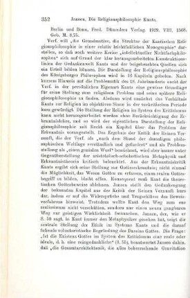 351-354 [Rezension] Jansen, Bernhard, Die Religionsphilosophie Kants