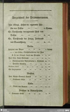 Verzeichniß der Pränumeranten