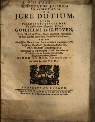 Disputatio Iuridica Inauguralis De Iure Dotium