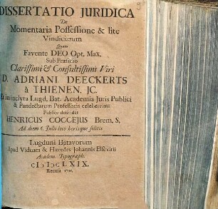 Dissertatio Juridica De Momentaria Possessione & lite Vindiciarum