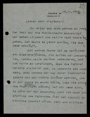 Nr. 21: Brief von Otto Blumenthal an David Hilbert, Aachen, 29.11.1909