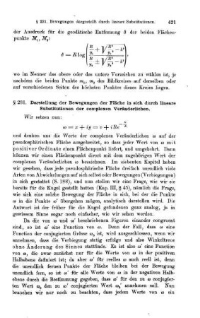 § 231. Darstellung der Bewegungen der Fläche in sich durch lineare Substitutionen der complexen Veränderlichen.