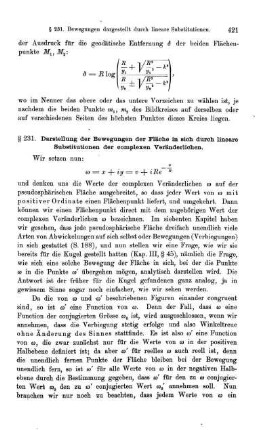 § 231. Darstellung der Bewegungen der Fläche in sich durch lineare Substitutionen der complexen Veränderlichen.