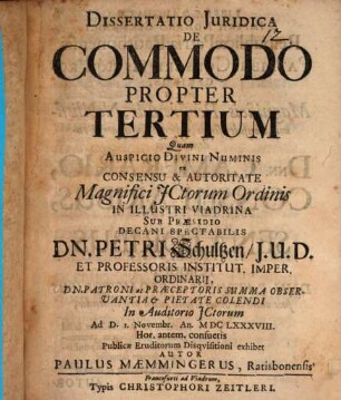 Dissertatio Iuridica De Commodo Propter Tertium