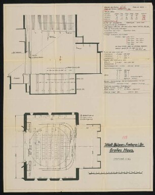 Stadttheater, Freiburg: Bühnengrundriss und Bühnenlängsschnitt 1:100