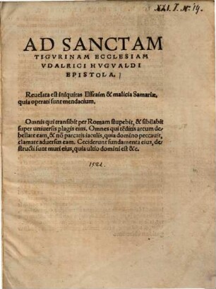 Epistola ... Ad Sanctam Tigurinam Ecclesiam