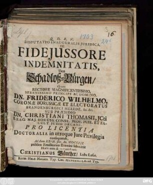 Disputatio Inauguralis Juridica, De Fidejussore Indemnitatis