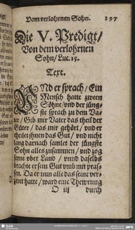 Die V. Predigt, Von dem verlohrnen Sohn, Luc. 15.
