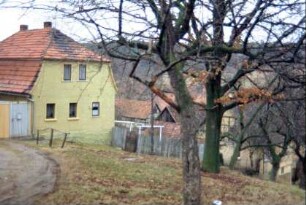 Wohnhaus mit Hoftor, davor Hang mit Obstbäumen