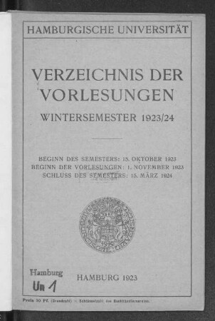 WS 1923/24: Verzeichnis der Vorlesungen // Hamburgische Universität
