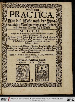 Astrologische Practica, Auf das Jahr nach der Gnadenreichen Menschwerdung und Geburt unsers einigen Erlösers Jesu Christi