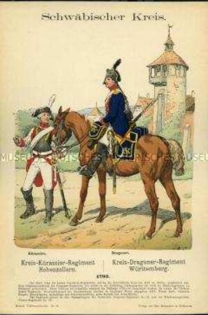 Uniformdarstellung, Gemeine des Kürassier-Regiments bzw. des Dragoner-Regiments, Schwäbischer Reichskreis, 1793.