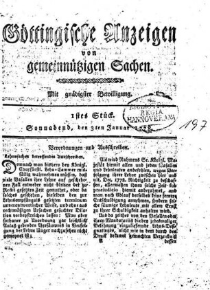 1stes Stück. Sonnabend, den 3ten Januar 1778.