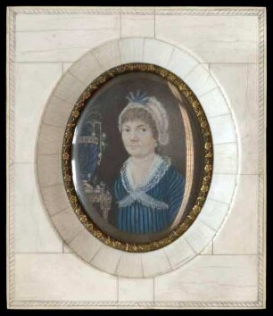 Zeichnung von Anna Barbara Bodamer (1755-1831) (Zweig Braun), seit 1775 verheiratet mit ihrem Vetter Christoph Friedrich Bodamer, Holzhändler und Schultheiß in Höfen, auf der Rückseite genealogische Angaben, 14,5 cm hoch x 12,5 cm breit, im Glasrahmen