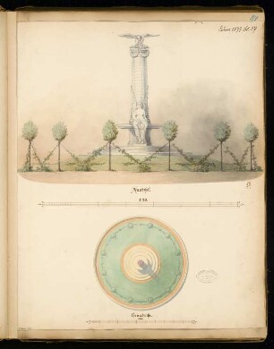 Gefallenendenkmal, Calau Monatskonkurrenz Juni 1877: Grundriss 1:60, Aufriss Vorderansicht 1:20; Maßstabsleiste