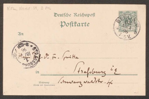 Postkarte an Friedrich Spitta : 17.01.1896