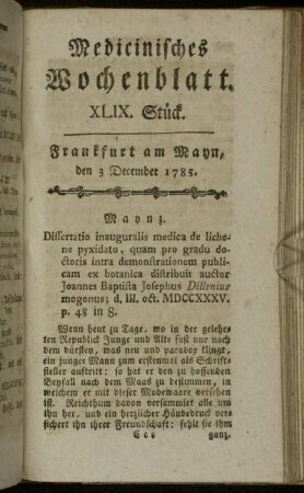 XLIX. Stück. Frankfurt am Mayn, den 3 December 1785. - LIII. Stück. Frankfurt am Mayn, den 31 December 1785.