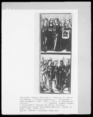 Allerheiligen-Altar — Altar in geöffnetem Zustand — Rechter (Innen-)Flügel — Zweites Bildfeld: Heiliger Laurentius, Georg und andere Heilige
