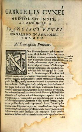 Gabrielis Cunei Apologiae Francisci Putei pro Galeno in anatome, examen