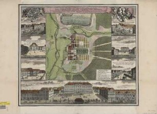 Stadtplan und Ansichten von Erlangen, ca. 1:6 400, kolor. Kupferst., 1721 (Hamburg), 1:8 000, : Accurater Grundris und Gegend der Hoch-Fürstl. Brandenb. Bayreuth. Neu-Erbauten Stadt Christian-Erlang : samt denen Prospecten des Hoch-Fürstl. Residenz-Schloß und anderer ansehnlichen Gebäuen, wie auch der nach ihrem fatalen Brand wieder gantz aufgebauten Neuen Alt-Stadt Erlang / edirt von Io. Bapt. Homann. Joh. Christoph Homann Geometicè delineavit. - [Ca. 1:6 400]. - Nürnb. : Io. Bapt. Homann , 1721. - 1 Kt. : Kupferst. ; Gesamtgr. 56 x 48 cm