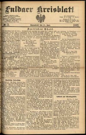 Erste Ausgabe vom Samstag, den 18. Juni 1892.
