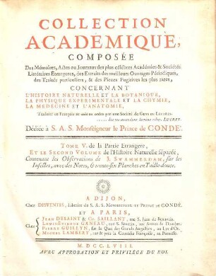 Collection académique : Composée des mémoires, actes ou journaux des plus célèbres académies et sociétés littéraires étrangères ... concernant l'histoire naturelle et la botanique, la physique expérimentale et la chymie ..., 5