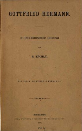 Gottfried Hermann : zu seinem hundertjährigen Geburtstage