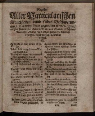 Register Aller Particularischen Kranckheiten unnd Leibes Beschwerungen