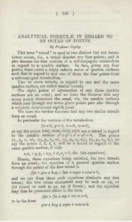 Analytical formulae in regard to an octad of points.