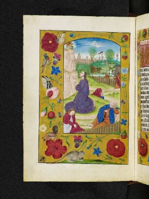 Vollbordürenseite mit Streumusterbordüre und Miniatur: Gebet Jesu am Ölberg