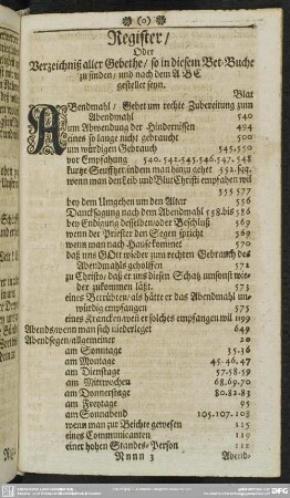 Register, Oder Verzeichniß aller Gebethe, so in diesem Bet-Buche zu finden, und nach dem ABC