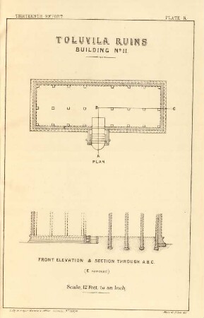 Plate R. Toluvila ruins. Building No. 11. Plan. Front elevation & section through A. B. C.