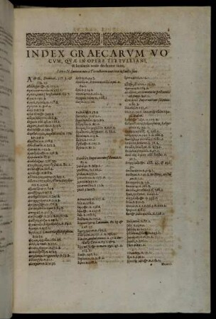 Index Graecarum Vocum, Quæ In Opere Tertullinani, & lunianis notis declaratæ sunt.