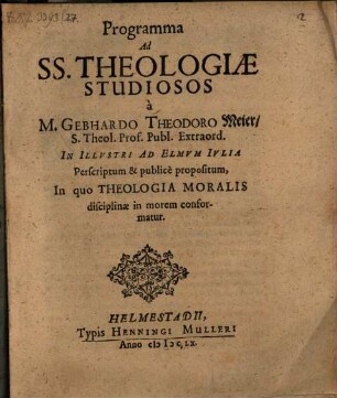 Programma ad SS. theologiae studiosos ... in quo theologia moralis disciplinae in morem conformatur