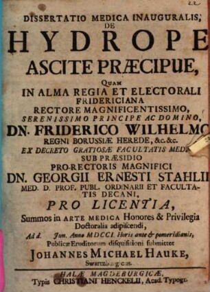 Dissertatio Medica Inauguralis, De Hydrope, Ascite Praecipue
