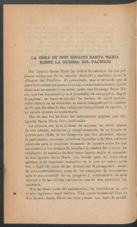 La obra de Don Ignacio Santa María sobre la Guerra del Pacífico