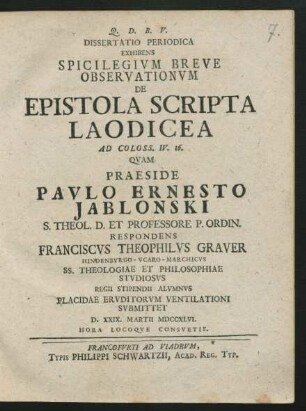 Dissertatio Periodica Exhibens Spicilegium Breve Observationum De Epistola Scripta Laodicea Ad Coloss. IV. 16.