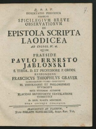 Dissertatio Periodica Exhibens Spicilegium Breve Observationum De Epistola Scripta Laodicea Ad Coloss. IV. 16.