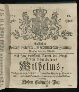 12. Stueck, Montag den 22. Martii 1751