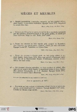 Sièges et meubles (Nr. 92-122) mit Planche XV- XX