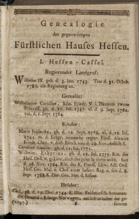 Genealogie des gegenwärtigen Fürstlichen Hauses Hessen.