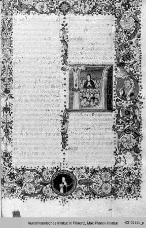 Missale Romanum : Buchseite mit Randbordüre Text und historisierter Initiale L(egimus): Allerheiligenversammlung