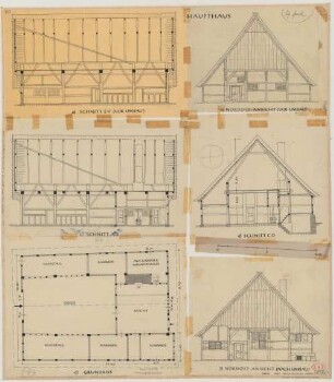 Rhade (Kreis Recklinghausen): Kötterhaus am Kirchplatz. Haupthaus (Grundriss, Nordostansicht, Schnitte)
