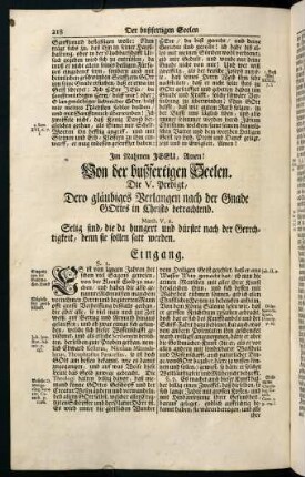 218-236, Die V. Predigt, Dero gläubiges Verlangen nach der Gnade GOttes in Christo betrachtend.