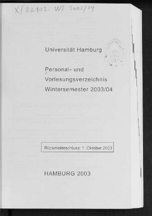 WS 2003/2004: Personal- und Vorlesungsverzeichnis // Hamburgische Universität