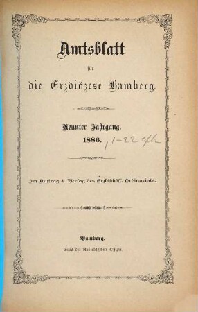 Amtsblatt für die Erzdiözese Bamberg : Amtsbl. des Erzbischöflichen Ordinariats Bamberg. 9. 1886
